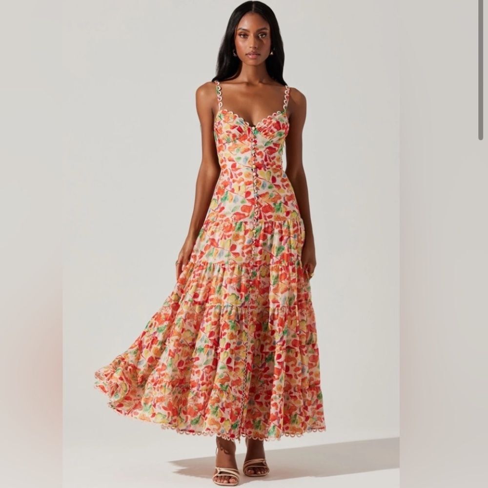 New ASTR Revolve Tazia Floral Button Tiered Maxi Red Dress